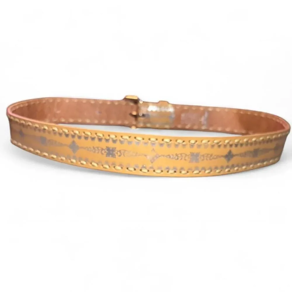 Faded Glory Tan leather belt with silver hardware and Aztec design size Large